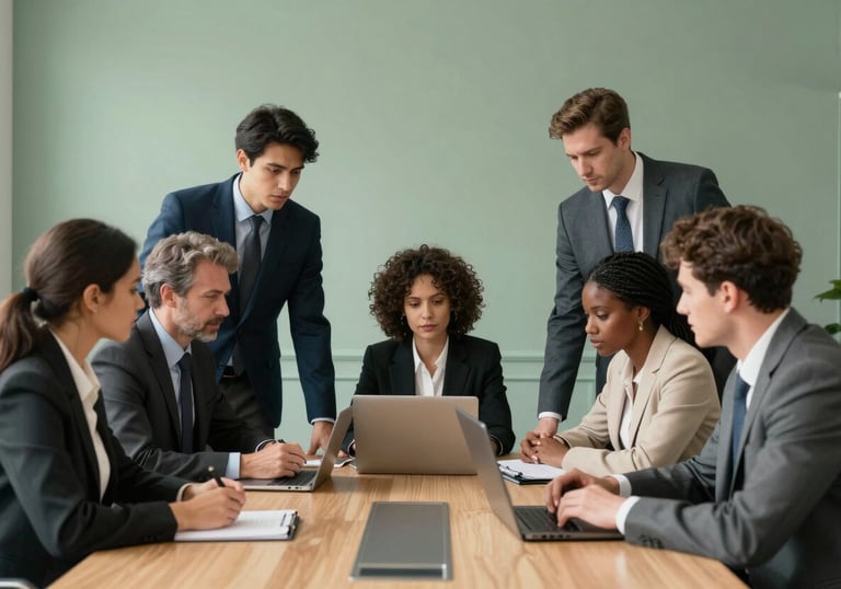 A team of diverse professionals in business attire collaborating in a modern conference room with sage green decor.