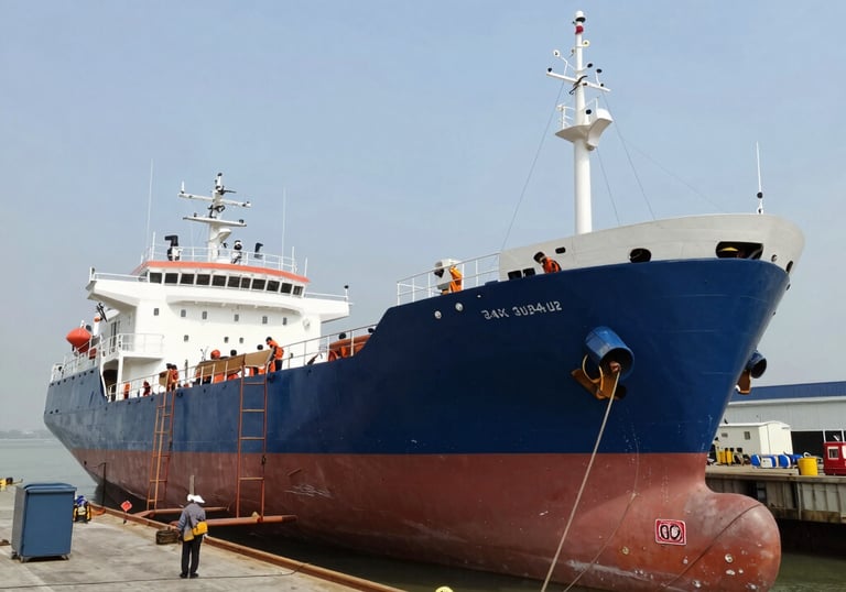 A vibrant blue fishing boat freshly painted, gleaming under the sun at the dock.