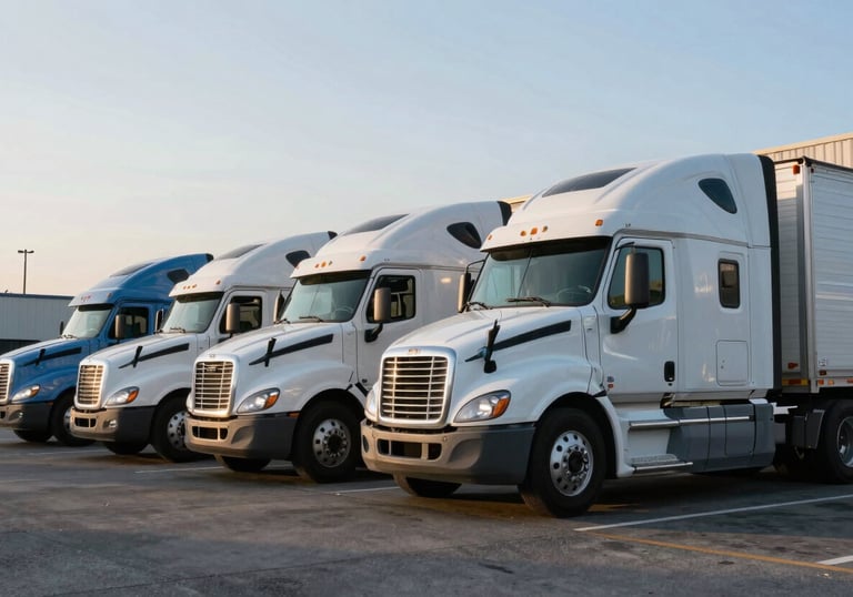A line of heavy-duty semi-trucks at a logistics terminal during a clear morning in North America, highlighting reliability and transportation.