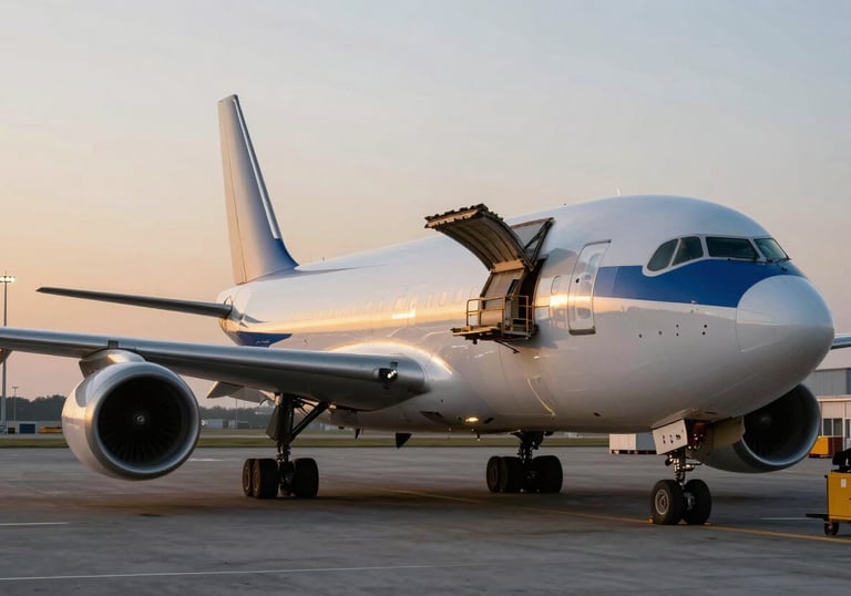 A modern cargo airplane being loaded at a logistics hub at dusk, golden sunlight reflecting off steel blue surfaces, minimalist style.