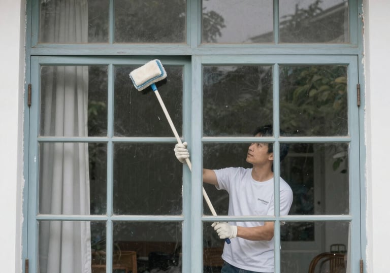 A friendly cleaner carefully wiping home windows with a cloth.