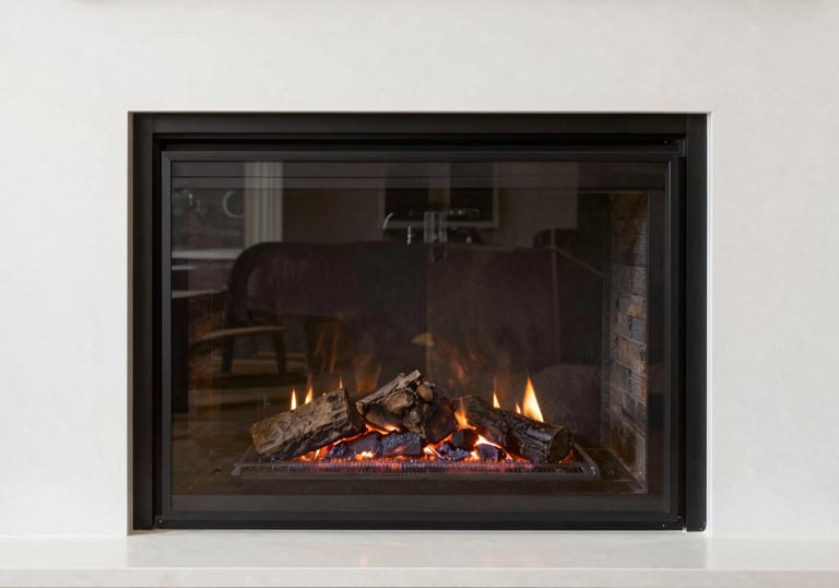 Photography of a spotless, recently cleaned hearth with a clear glass fire screen, reflecting a clean and modern North American home interior.