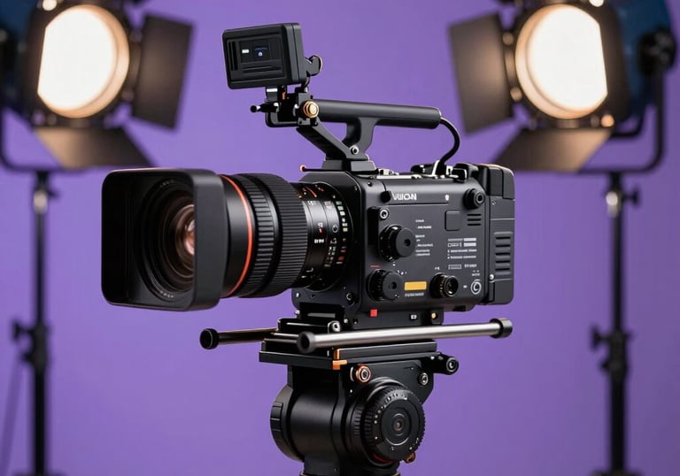 A high-quality content production set in a North American studio with professional cameras, studio lights, and a purple-tinted backdrop.