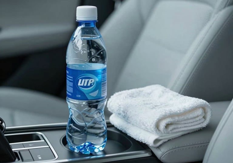 Amenities inside the car, including a bottle of mineral water and a clean towel in the center console. Soft, premium lighting in light gray-blue tones.