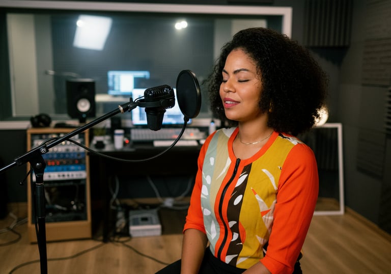 A female artist with curly hair recording vocals at a professional studio microphone.