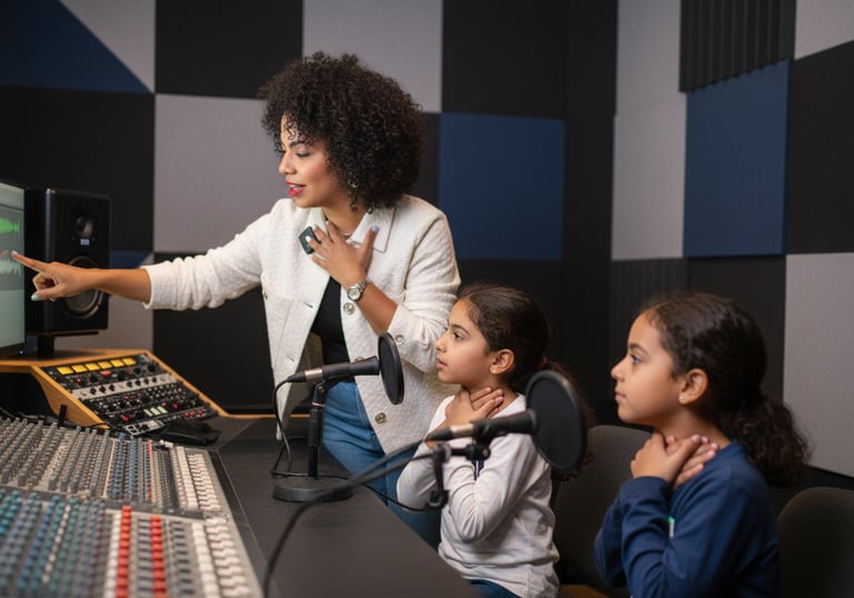 A teacher shows two young girls how to record audio at a professional mixing console in a sound studio.