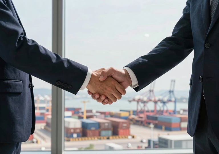 Two business professionals shaking hands firmly in a bright, modern high-rise office overlooking a cargo terminal, international corporate business.