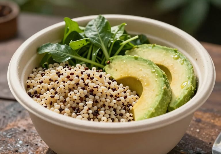 A beautiful close-up of a healthy bowl with quinoa, avocado, and fresh greens in a compostable bowl, soft morning light in a Brazilian outdoor garden.