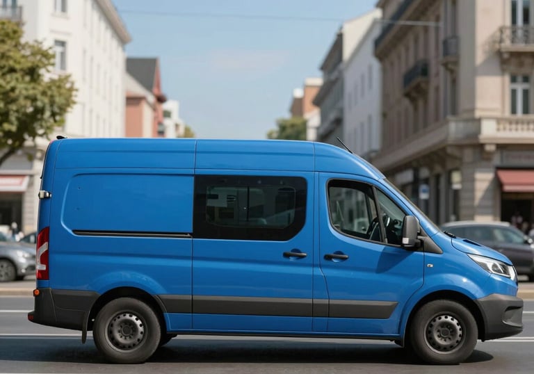 A side view of a modern blue delivery van navigating a clean city street in Western Europe. The background is a slightly blurred urban architecture under a clear blue sky.