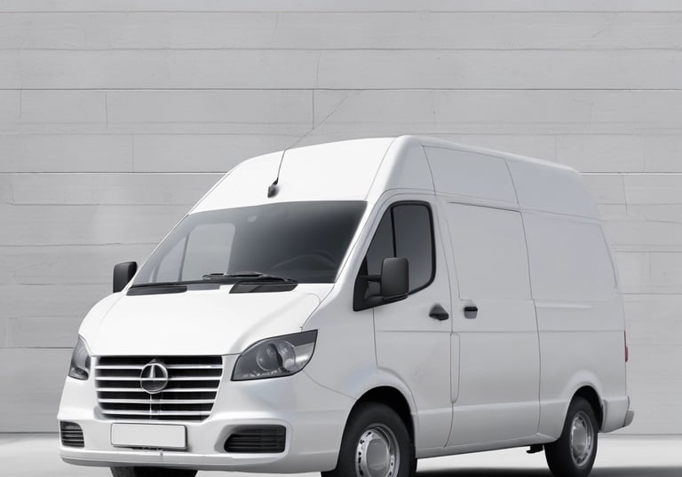 Delivery van speeding through a European city street.