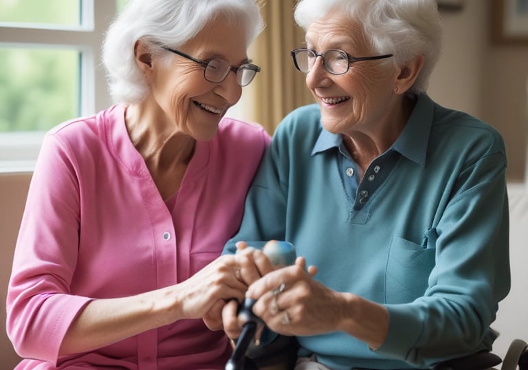 A caregiver sharing a warm smile while sitting with an elderly woman in a cozy living room.