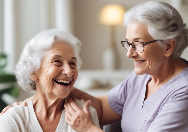 Caregiver gently assisting an elderly woman with personal care at home.