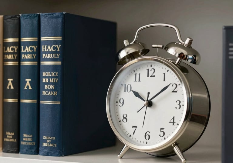 Photography of a clean office bookshelf with Law and Finance books and a Silver desk clock in a professional North American corporate office.
