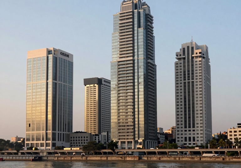 An architectural shot of Ahmedabad's modern commercial district with the Sabarmati Riverfront visible, clean lines, professional atmosphere, golden hour lighting.