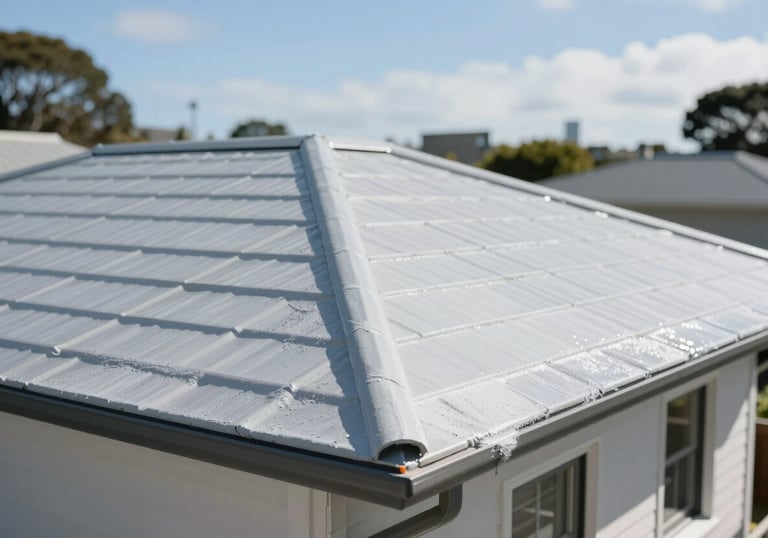 A professional shot of a residential roof being painted with specialized coating, looking clean and uniform under bright Auckland sunlight.