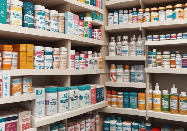 A pharmacist carefully organizing medicine boxes on shelves in a clean, bright pharmacy.
