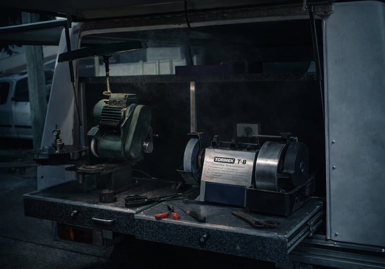 Mobile knife sharpening truck tailgate setup with Tormek T-8 sharpening system