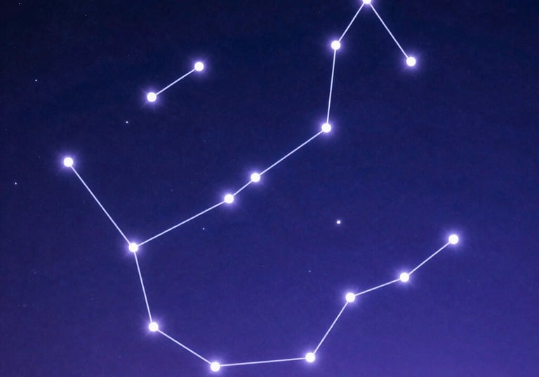A celestial night sky with zodiac constellations glowing softly in deep blue and purple tones.