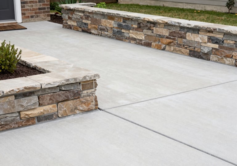 A freshly poured concrete patio bordered by a sturdy retaining wall in a Houston backyard.