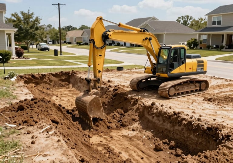 Excavation and trenching equipment preparing a site for drainage installation.