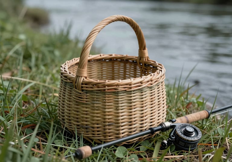 Detailed shot of a traditional wicker fishing basket and a fly fishing rod resting on the grassy bank of the river, in a palette of sage green and earth tones.