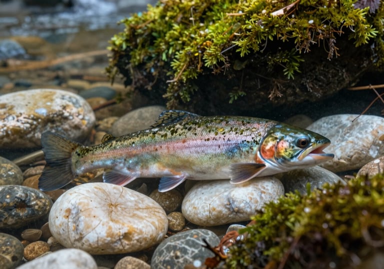Submerged photography of a common trout swimming in clear river water over a bed of smooth soft off-white stones and dark forest green moss.