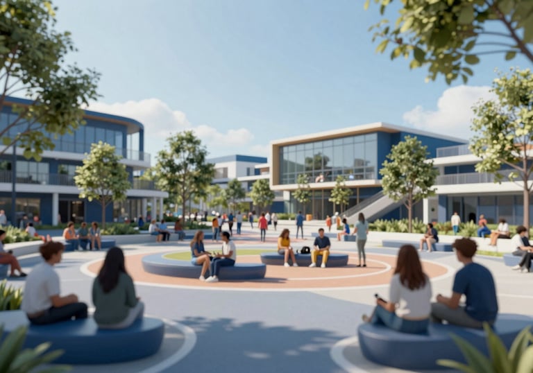 A vibrant community park or gathering space featuring modern architecture. The image uses #2C576C and #70A2B6 to show a thriving, resilient community.