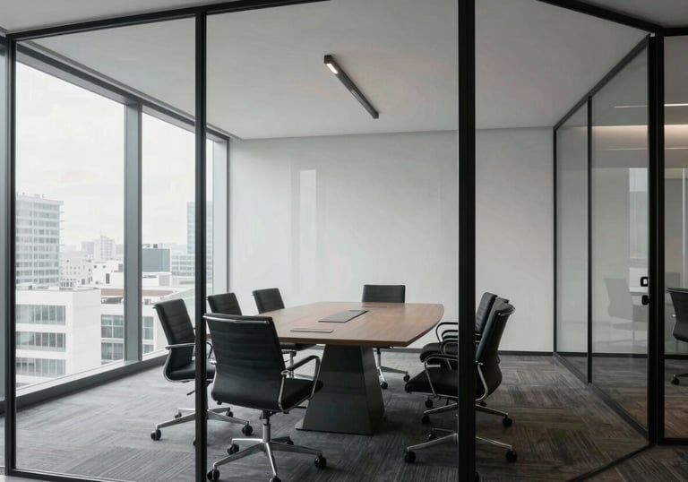 Interior view of a modern, minimalist glass meeting room in a high-rise office in a Spanish-speaking region. Clean and professional.