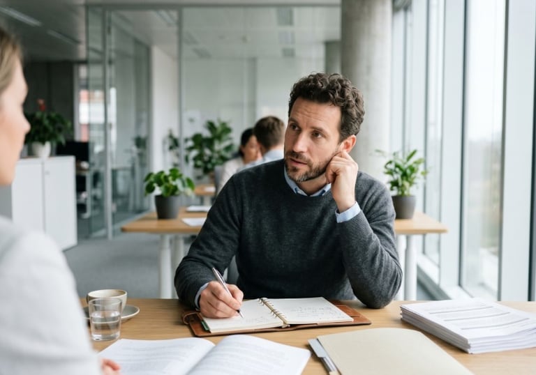 Profesional tomando notas durante reunión de análisis empresarial