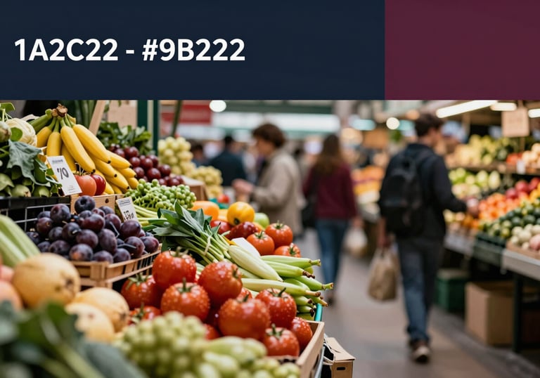 A bustling modern food market scene with focus on high-quality organic produce. Sophisticated, high-contrast, professional photography, #1A2C22 and #9B2226 colors present.