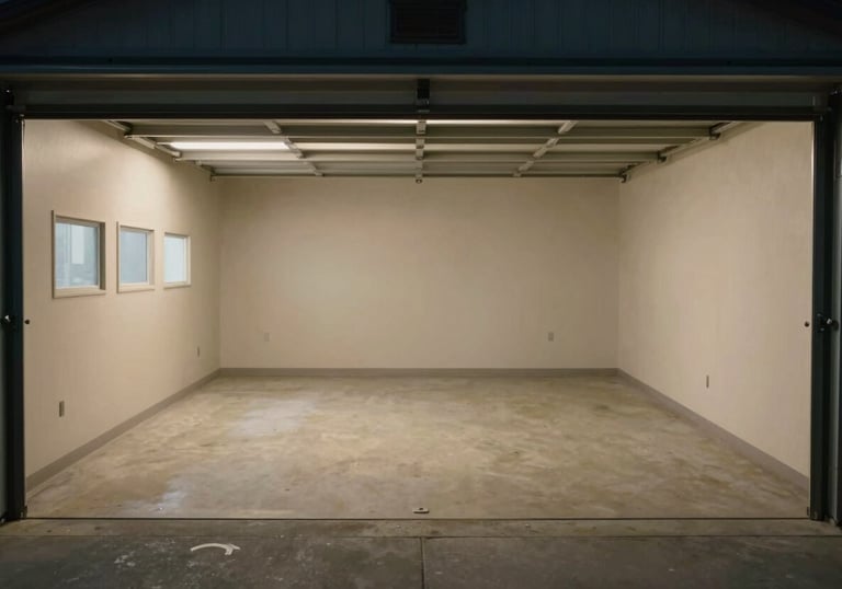 A wide shot of a completely empty and swept clean garage after a successful hauling job in North American / US - Bay Area, California.