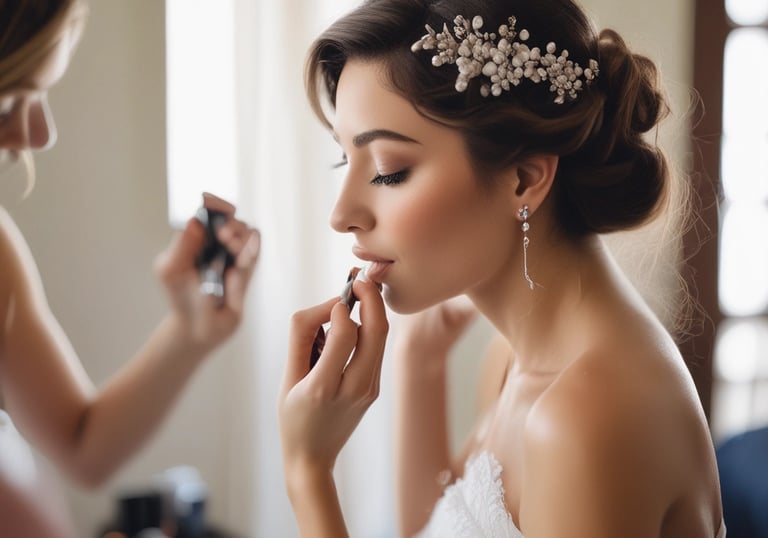 Close-up of a professional esthetician gently applying makeup on a smiling client.