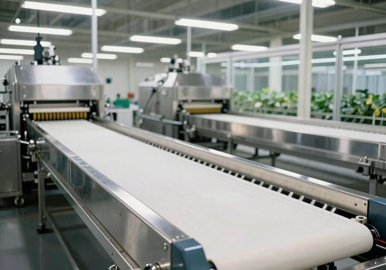 Interior of a high-tech agricultural sorting facility in the US, stainless steel surfaces, bright professional lighting, representing modern labor solutions.