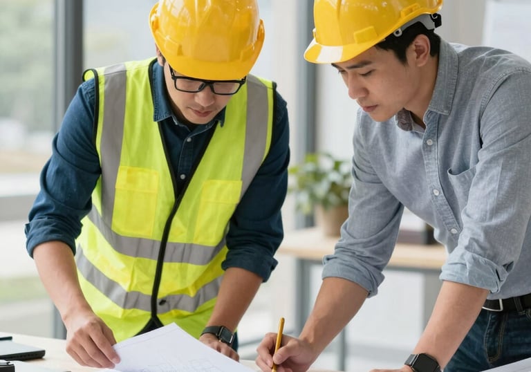 A close-up of architectural plans and blueprints spread out on a table with a hard hat nearby.