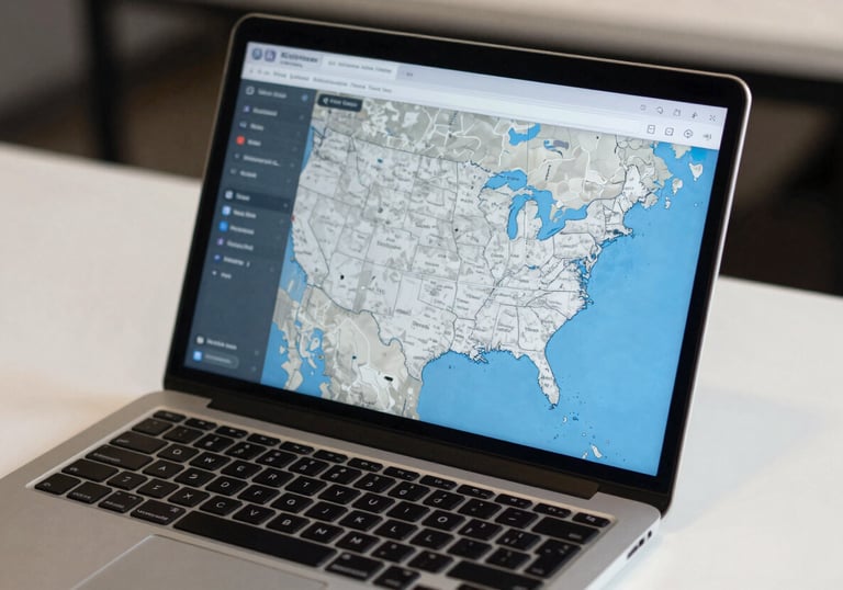 A modern laptop on a white desk displaying a digital map of the United States, with a blue and grey interface, reflecting nationwide business services.