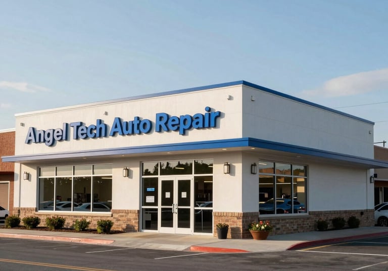 A daytime wide-angle shot of the Angel Tech Auto Repair building in a North American suburb. The facility is clean and modern, with professional blue signage.