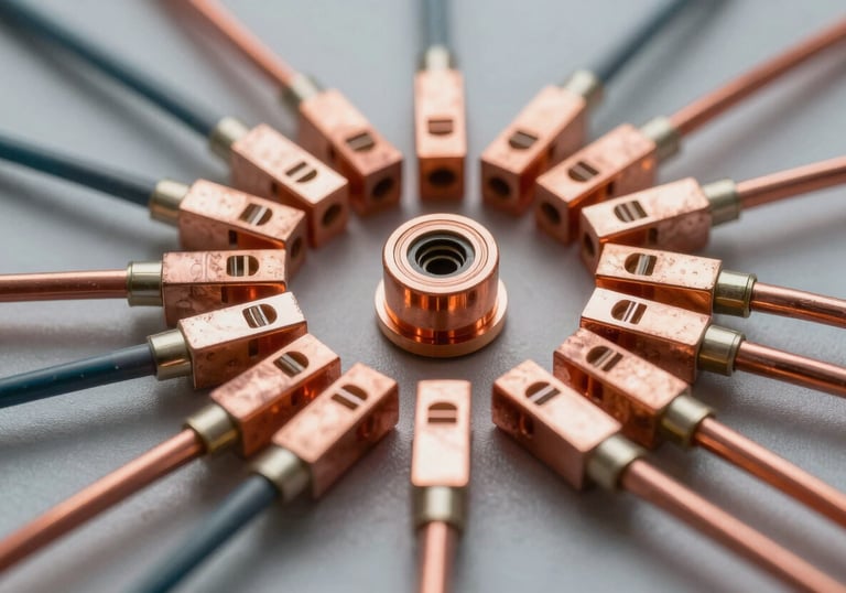 A macro shot of high-quality electrical copper components and fiber optic cables arranged in a geometric pattern, symbolizing advanced technology, Spanish / Global.