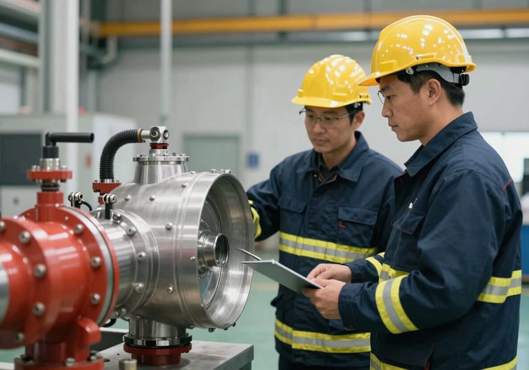 Engineers in professional gear inspecting a large fire monitor system in a factory, clean and safe working environment, high-tech mood.