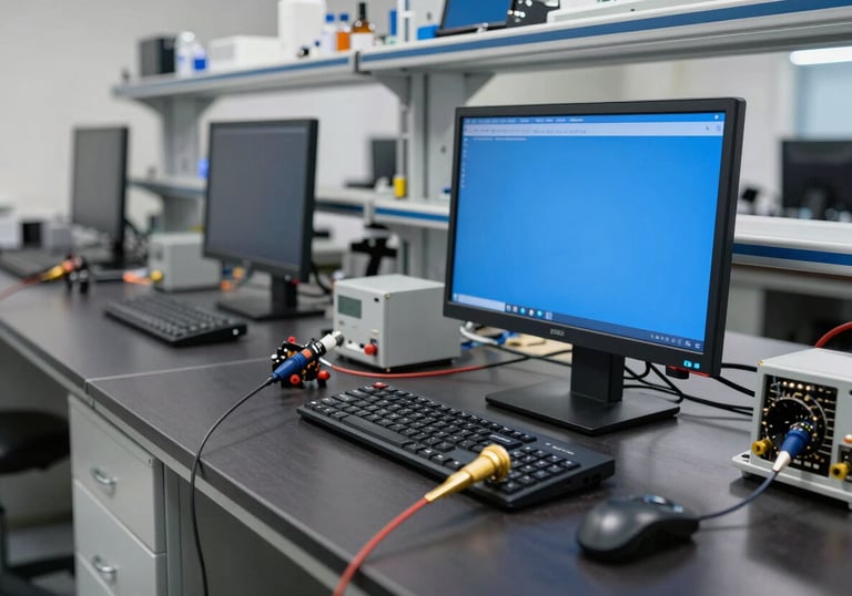 A clean and modern laboratory-style room in a Spanish scrapyard where electronic components of cars are being tested. Dark charcoal workbenches with steel blue monitors and gold-tipped electrical probes.