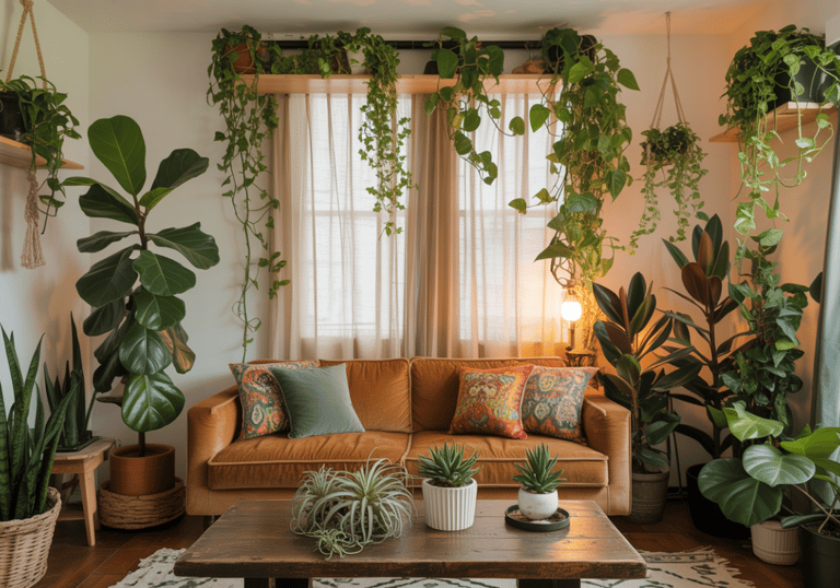 Balanced plant placement throughout a bohemian living room, mix of large and small plants, greenery 