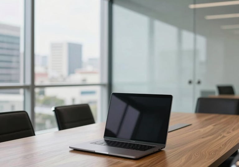 A bright and minimalist corporate meeting room in a Brazilian city with glass walls and a clean wooden table. A single high-end laptop is open on the desk. The style is sophisticated and reflects professional clarity.