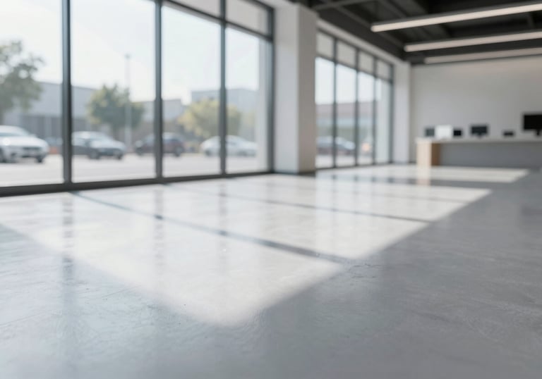 A sunlit commercial showroom featuring a mirror-finish epoxy floor in light gray. Large windows reflect in the floor, symbolizing speed and a bright future for the space.