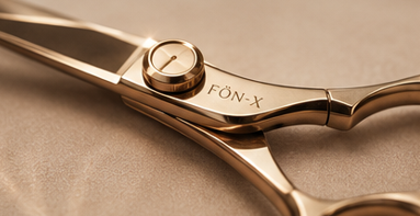 Professional rose gold hair cutting shears with Fon-X branding and adjustable tension screw.
