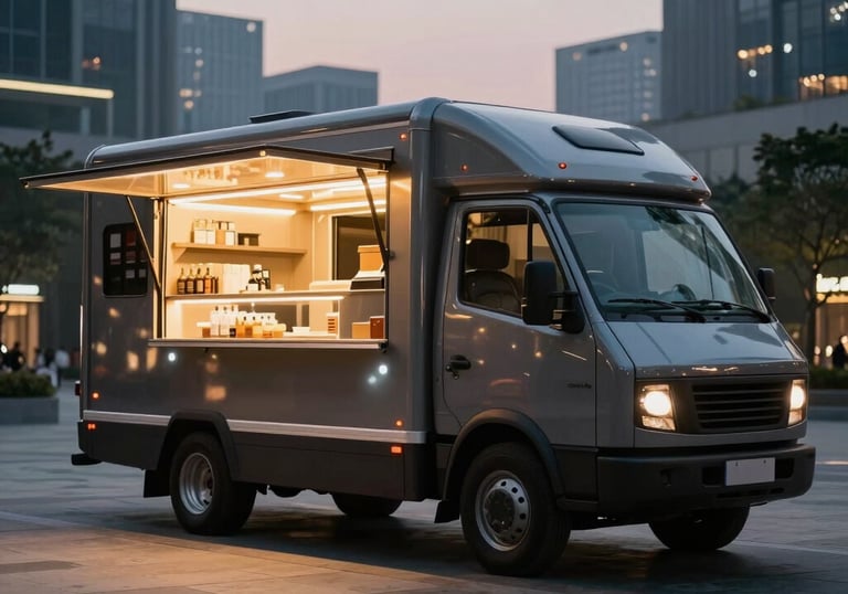 A stylish, modern mobile catering unit parked in a clean urban plaza at twilight in an International / Global city. Warm light glows from within the sleek charcoal-colored truck.