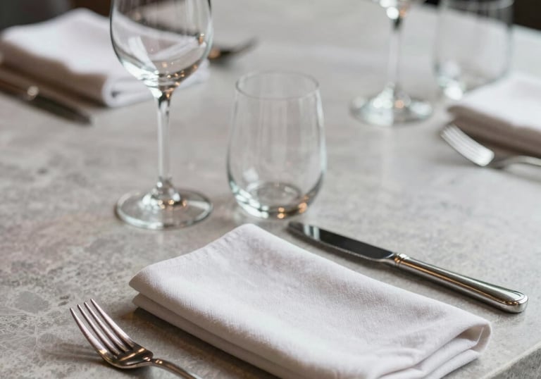 A close-up photograph of a sophisticated restaurant table setting with fine glassware and a cloth napkin on a light grey stone surface. International / Global luxury style.