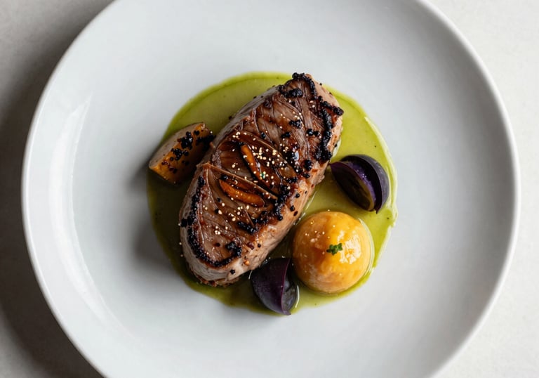 An overhead food photography shot of a gourmet entree beautifully plated on a white ceramic dish. Clean composition with natural lighting, showcasing culinary excellence.