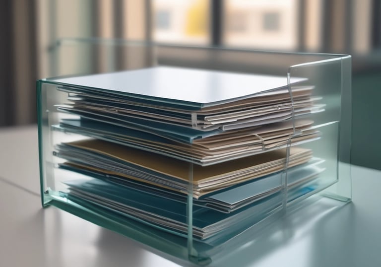 Three business professionals discussing documents in a bright meeting room.