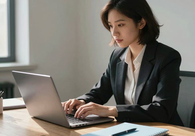 A focused professional in a minimalist French office, using a laptop with soft morning light and a light blue notebook on a wooden desk.