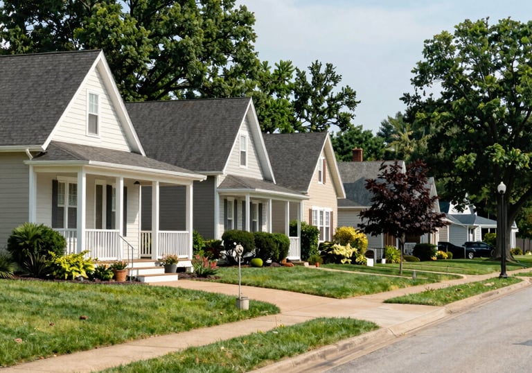 Photography of a peaceful, well-lit North American neighborhood street in Dayton, Ohio, showcasing clean curbs and beautiful suburban homes.
