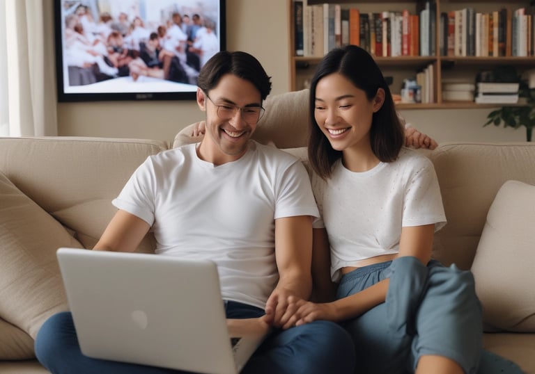 Young woman wearing headphones on bed with laptop.